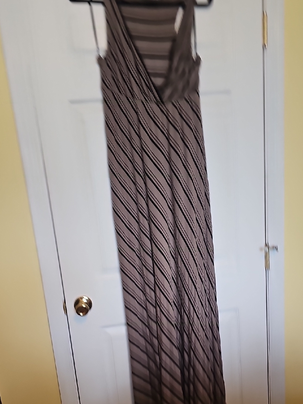 Matty M Taupe and Black Striped Dress with Crossover Bodice